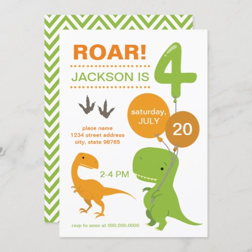 Roar Im Four Green Dinosaur Fourth Birthday Invitation