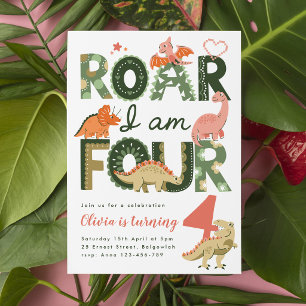  Roar I'm Four, Pink Boho Dinosaur 4th Birthday Invitation