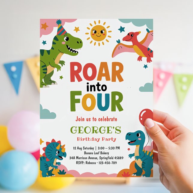 Roar Into Four Boy Dinosaur 4th Birthday Invitation (Creator Uploaded)