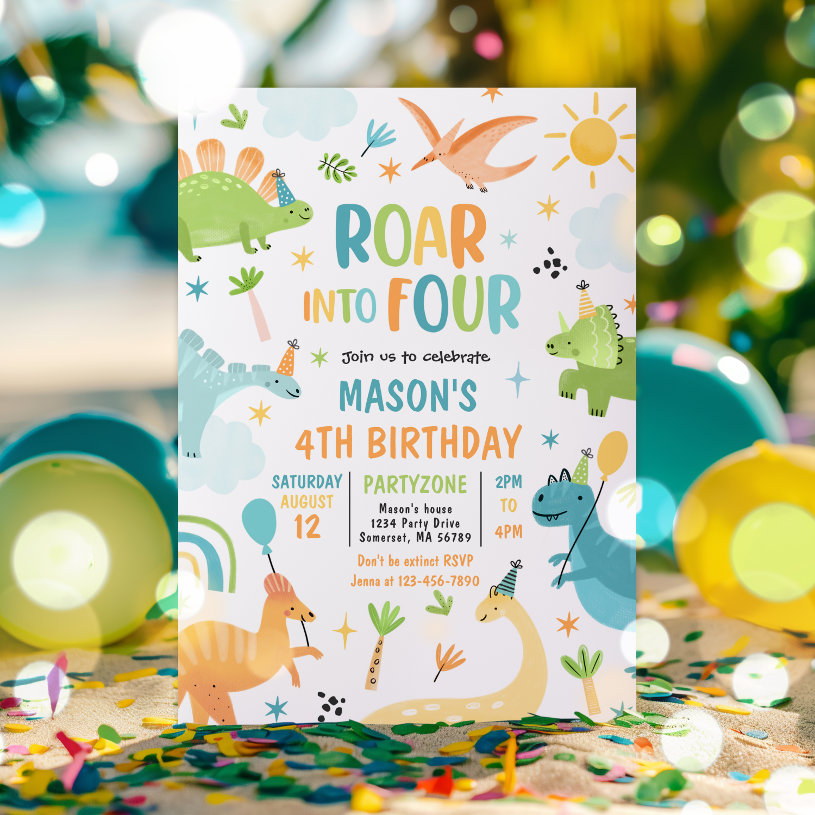 Roar Into Four Boy Dinosaur 4th Birthday Party                    Invitation