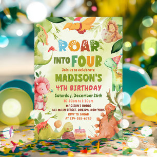 Roar Into Four Dinosaur Greenery 4th Birthday Invitation