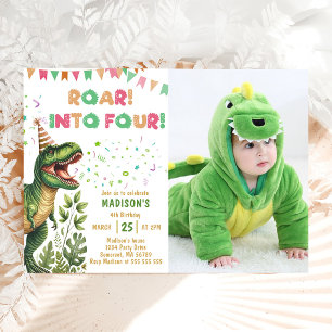 Roar Into Four Pink Dinosaur 4th Birthday Party Invitation
