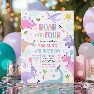Roar Into Four Pink Dinosaur 4th Birthday Party Invitation