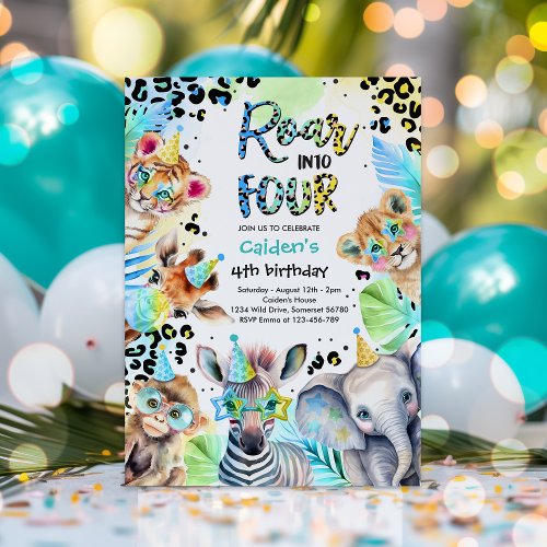 Roar Into Four Safari Blue Boy Leopard Birthday Invitation