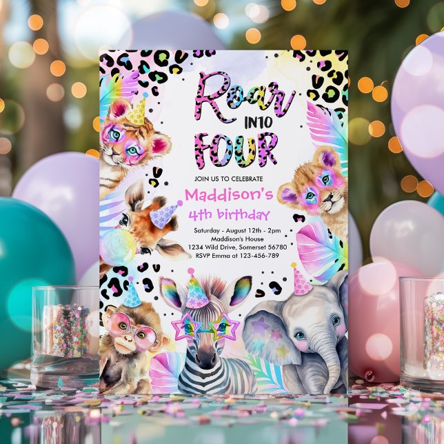 Roar Into Four Safari Pink Girl Leopard Birthday Invitation (Creator Uploaded)