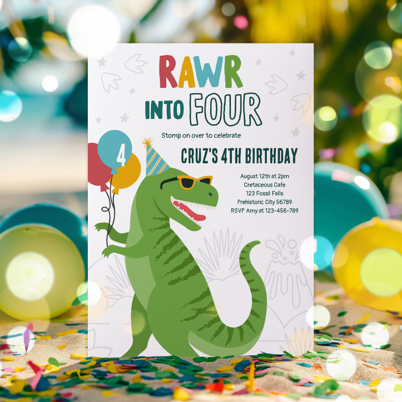 Roar Into Four T-Rex Dinosaur 4th Birthday Party                    Invitation