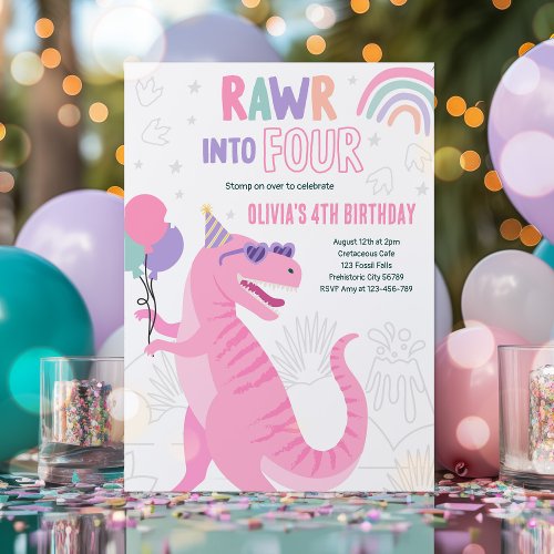 Roar Into Four T_Rex Dinosaur 4th Birthday Party  Invitation