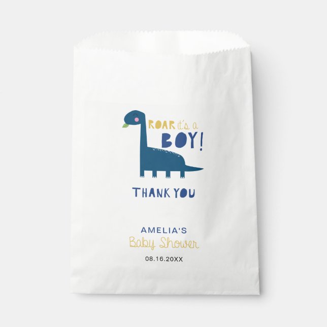 Roar it's a boy blue dinosaur baby shower cute favor bag (Front)