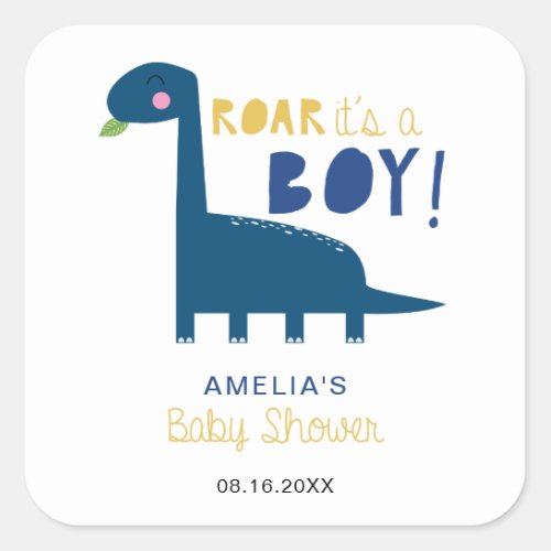 Roar its a boy cute dinosaur baby shower simple square sticker