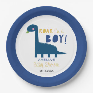 Roar it's a boy Dinosaur Baby Shower Cute Blue Paper Plates