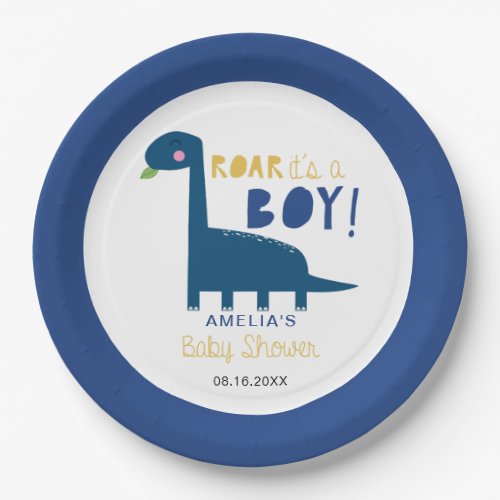 Roar its a boy Dinosaur Baby Shower Cute Blue Paper Plates