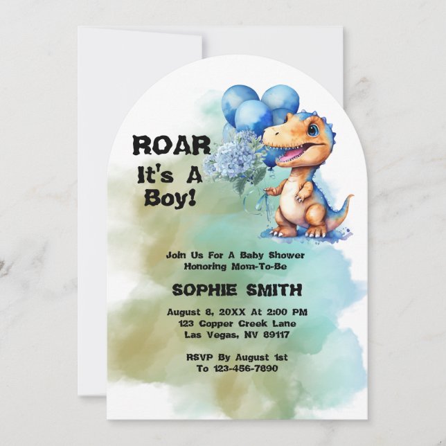 Roar Its A Boy T-Rex Dinosaur Baby Shower Arch Invitation (Front)