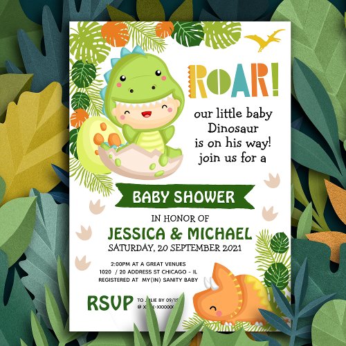 Roar Its A Dinosaur Baby Shower Invitation