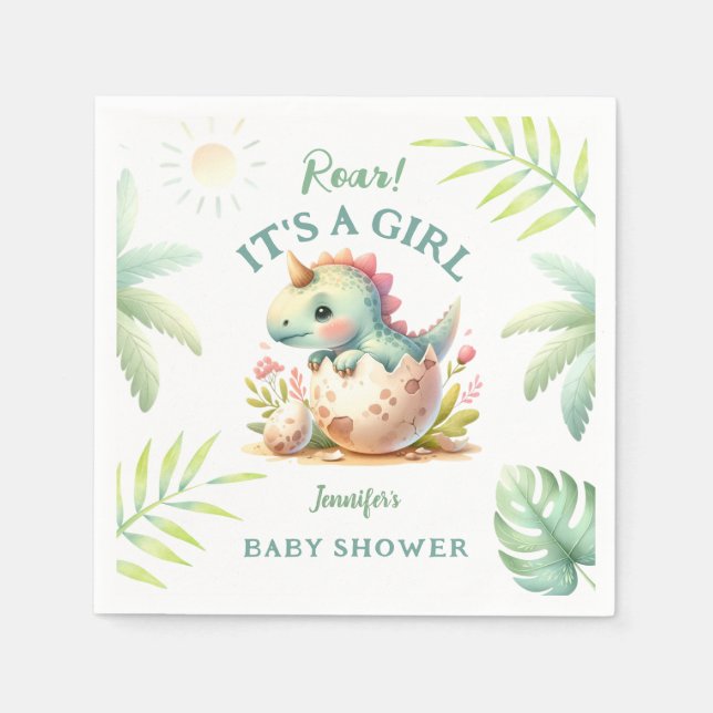 Roar It's a Girl Cute Pink Dinosaur Baby Shower  Napkins (Front)