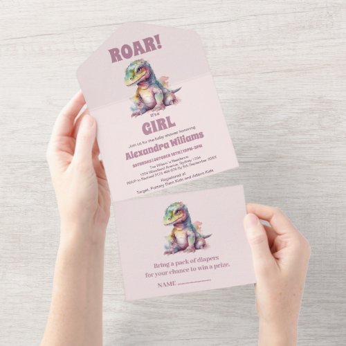 Roar Its A Girl Dinosaur Baby Shower All In One Invitation