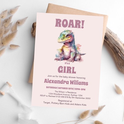 Roar Its A Girl Dinosaur Baby Shower Invitation
