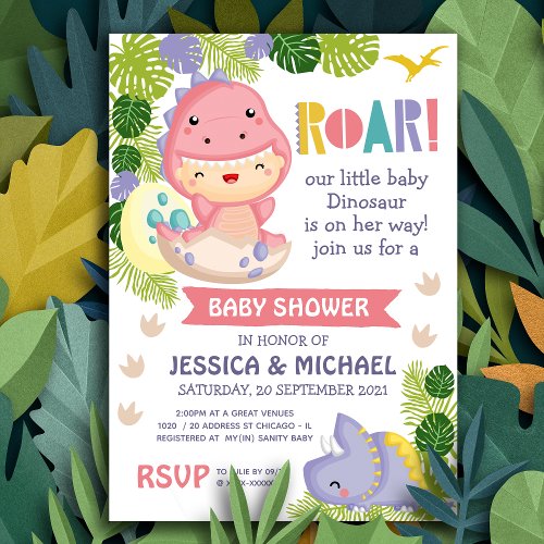 Roar Its A Girl Dinosaur Baby Shower Invitation