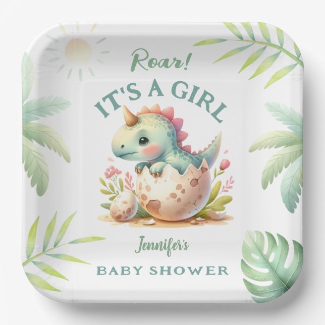 Roar It's a Girl  Pink Dino Dinosaur Baby Shower Paper Plates (Front)