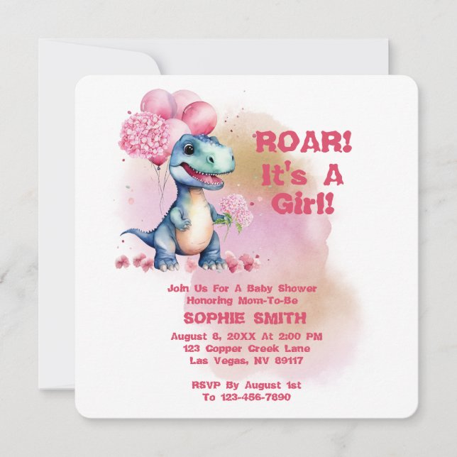 Roar It's A Girl T-Rex Baby Dinosaur Pink Invitation (Front)