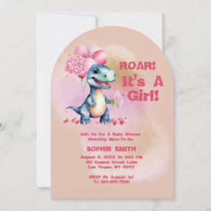 Roar It's A Girl T-Rex Baby Dinosaur Pink Invitation