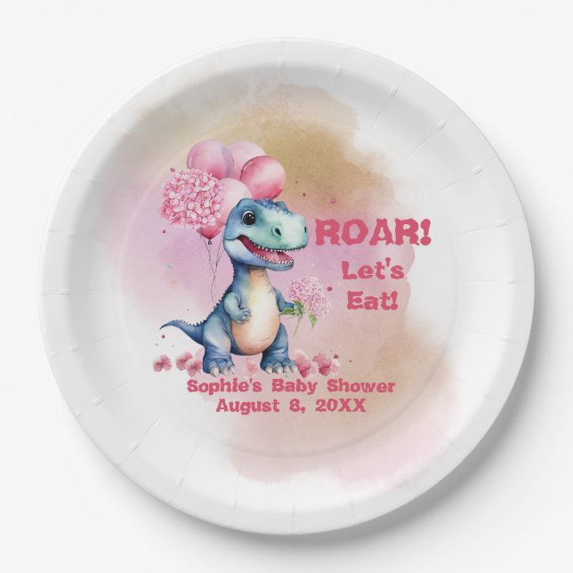 Roar It's A Girl T-Rex Baby Dinosaur Pink Paper Plates (Front)