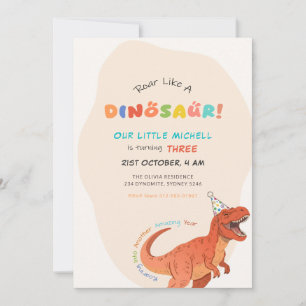 Roar Like a Dinosaur Watercolor Trex 3rd Birthday Invitation