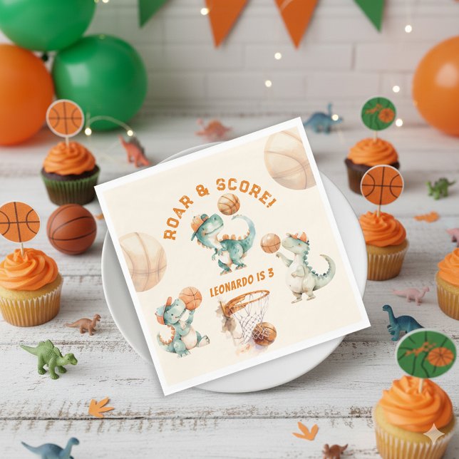 Roar & Score Basketball Dino Boy Birthday Napkins (Creator Uploaded)
