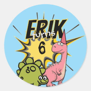 Roar-some Dino Birthday Party Cartoon Dinosaur Classic Round Sticker