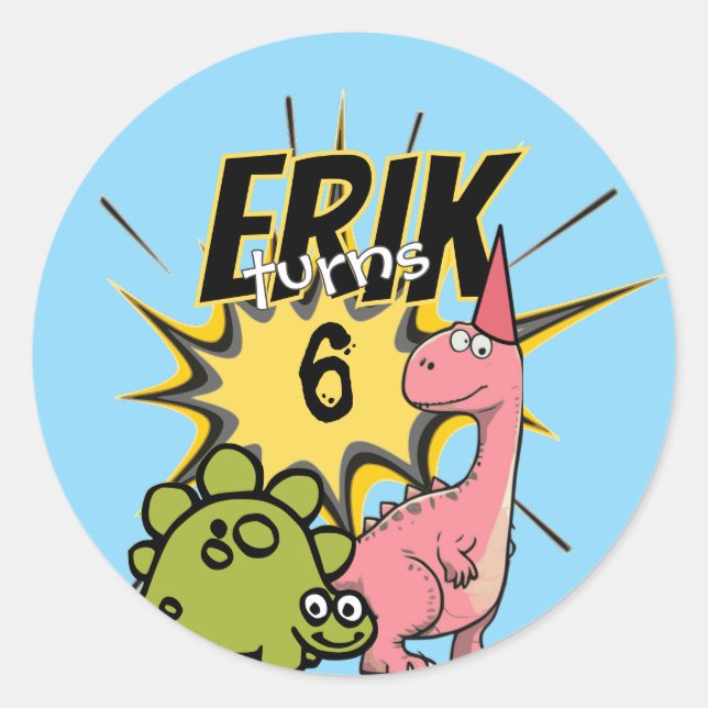 Roar-some Dino Birthday Party Cartoon Dinosaur Classic Round Sticker (Front)