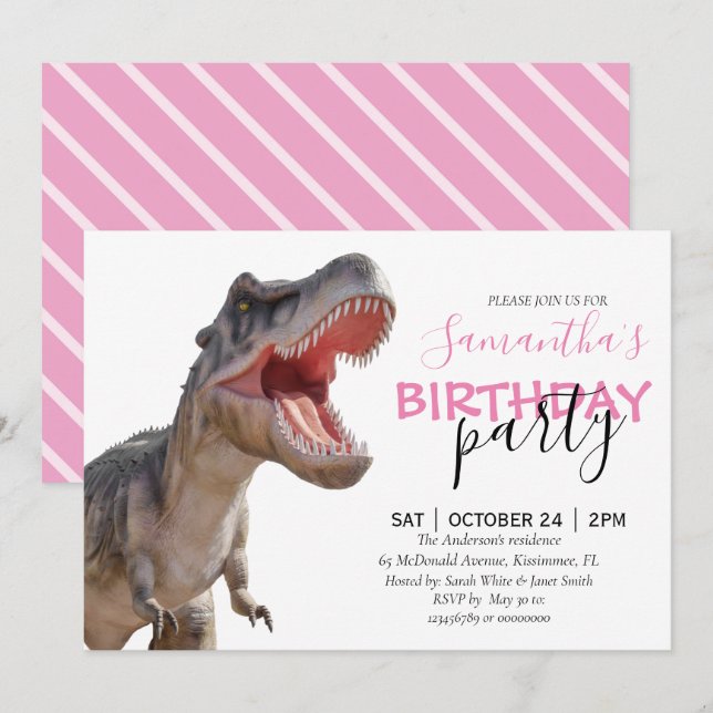 ROAR-some Dinosaur Girl Birthday Celebration! Announcement (Front/Back)