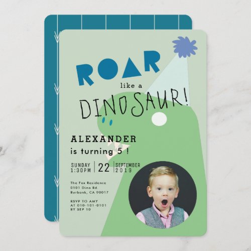 ROAR T_Rex Dinosaur Green Photo Boys Birthday Invitation