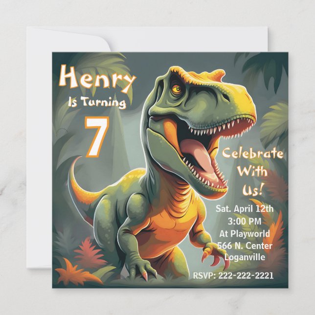 Roar T-Rex Dinosaur Kid's 7th Birthday Invitation (Front)