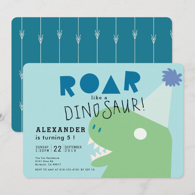 ROAR T-Rex Dinosaur Light Blue Boy's Birthday Invitation (Front/Back)