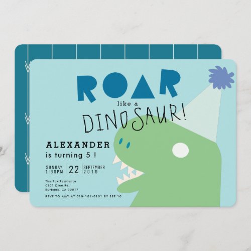 ROAR T_Rex Dinosaur Light Blue Boys Birthday Invitation