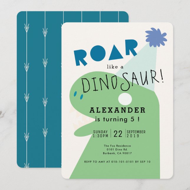 ROAR T-Rex Dinosaur Navy Blue Boy's Birthday Invitation (Front/Back)