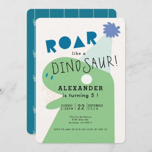 ROAR T_Rex Dinosaur Navy Blue Boys Birthday Invitation