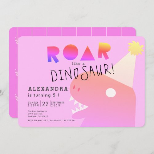 ROAR T_Rex Dinosaur Neon Pink Girl Birthday Invitation