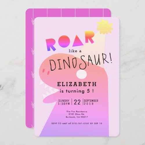 ROAR T_Rex Dinosaur Neon Pink Girls Birthday Invitation