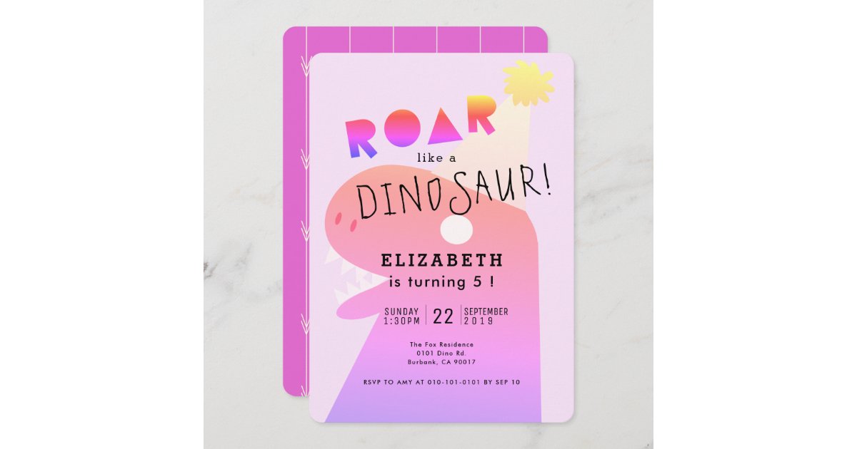 Dinosaur T-Rex Pool Party Girl Pink Birthday Invitation