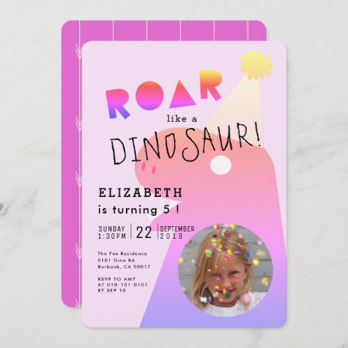 ROAR T_Rex Dinosaur Neon Pink Photo Girl Birthday Invitation