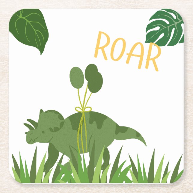 Roar We're 4 - Twins Dinosaur Birthday Party  Square Paper Coaster (Front)