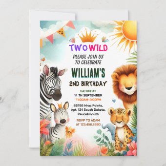 roar zoo zebra safari In Two The Wild 2nd Birthday Invitation Zazzle