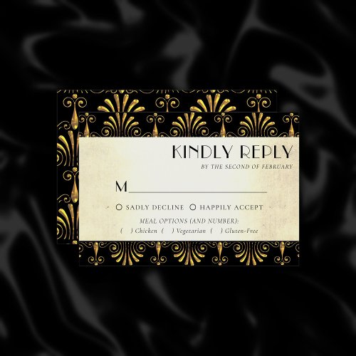 Roarin 20s Decadence  Gold Black Art Deco Entree RSVP Card