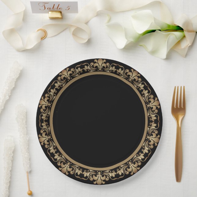 Roarin 20s Decadence | Gold Black Modern Art Deco Paper Plates (Wedding)