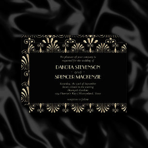 Roarin 20s  Sepia Gold and Black Art Deco Wedding Invitation