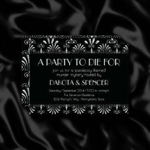Roarin 20s Silver on Black Art Deco Murder Mystery Invitation