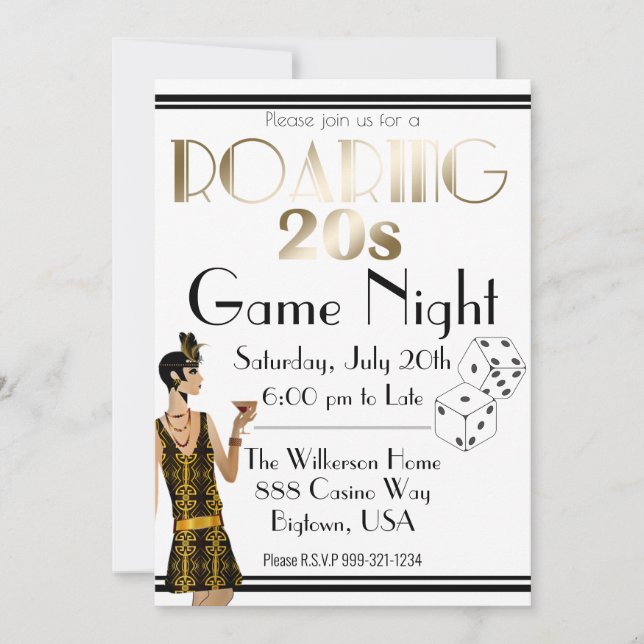 Roaring 20 Twenties Game Night Retro Gold Invitation (Front)