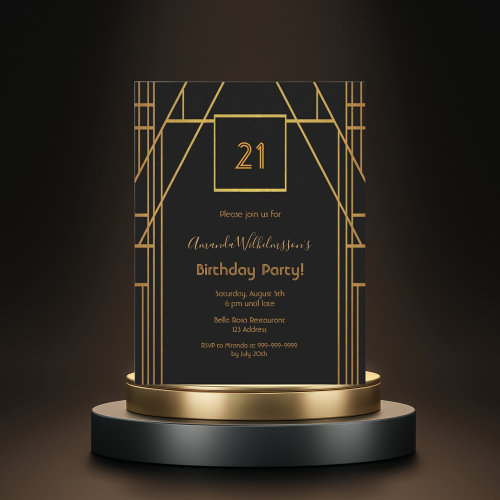 Roaring 20's 21st birthday black gold invitation