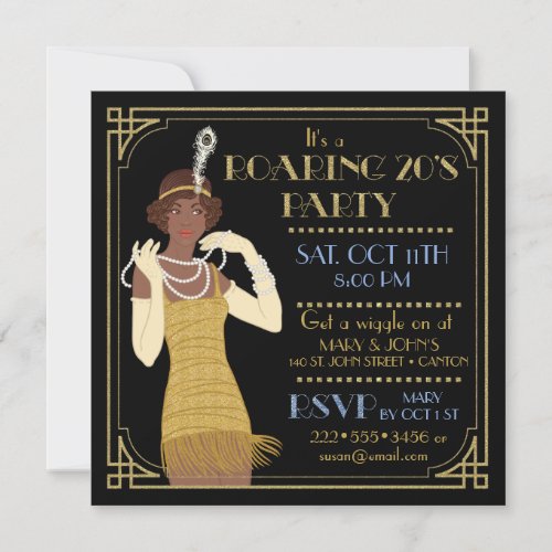 Roaring 20s African American Flapper Gold  Black Invitation