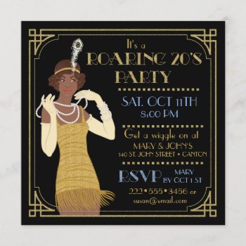 Roaring 20's African American Flapper Gold & Black Invitation by HydrangeaBlue at Zazzle